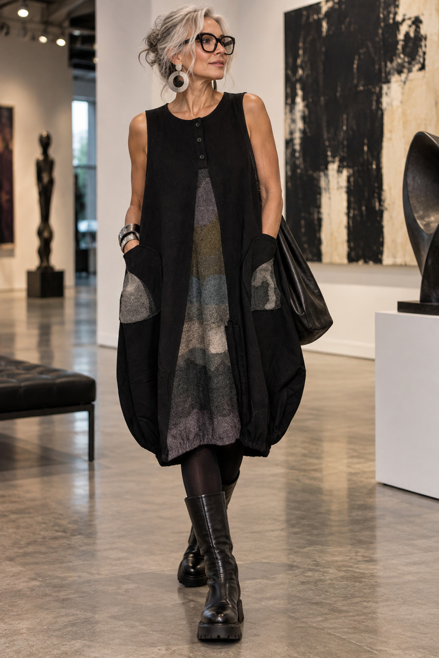 NWT Terra SJ Apparel L Black Lagenlook Art to Wear Bubble Dress Avant Garde NEW